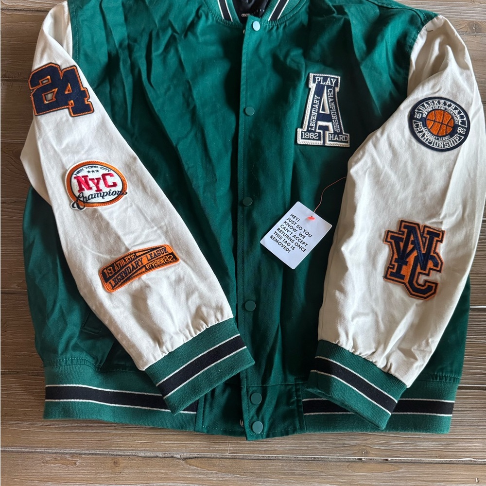 NWT-Green Varsity Jacket with Cream Sleeves